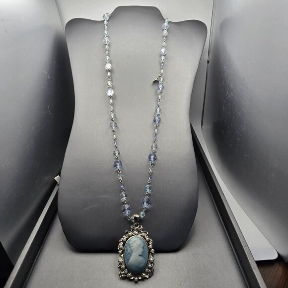 Victorian Revival Blue Cameo Pendant Beaded Necklace 28" Faux Pearls Convertible - Picture 3 of 15